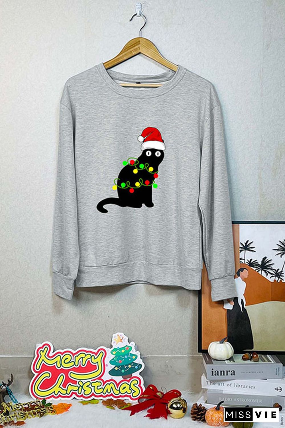 Black Santa Cat Tangled Up In Lights Christmas Santa Sweatshirt Wholesale