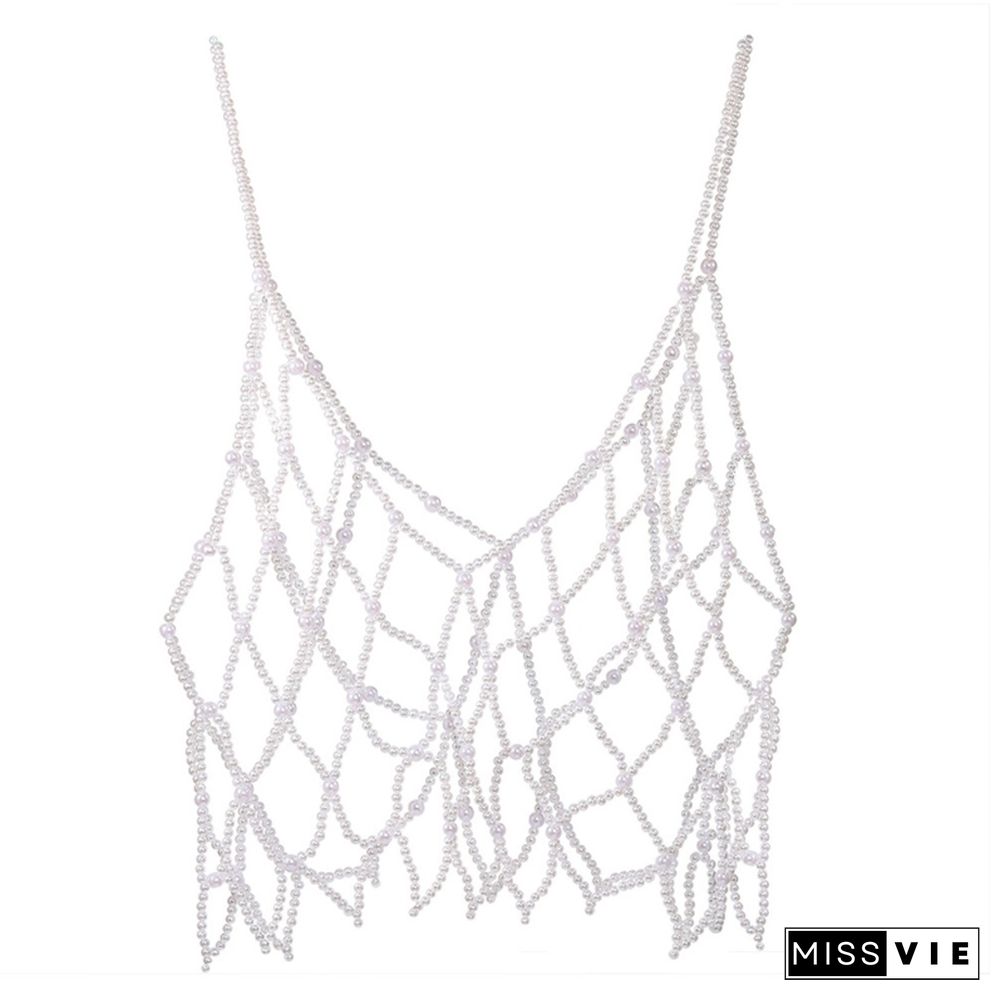 Women Handmade Woven Body Chain Camisole Imitation Pearl Crystal Beaded Vest Hollow Out Mesh Tank Top Body Jewelry Festival