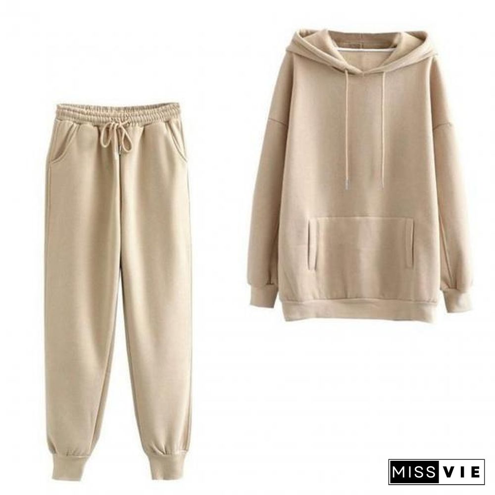 Sweatshirt Pants Set Hooded Cold Resistant Drawstring Pockets Women Outfit For Office