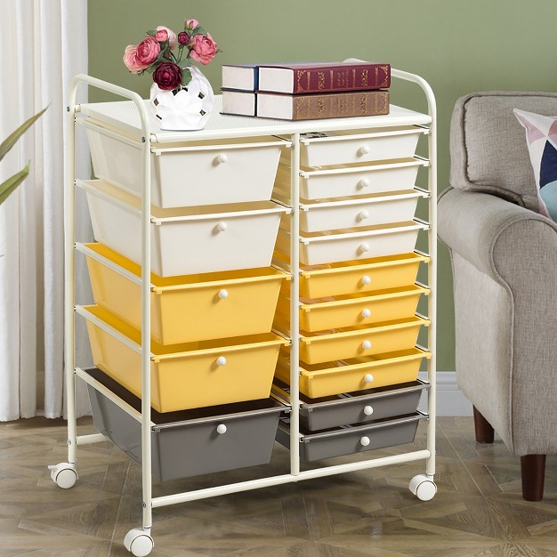 Costway 15 Drawer Rolling Storage Cart Tools Scrapbook Paper Office School Organizer Yellow