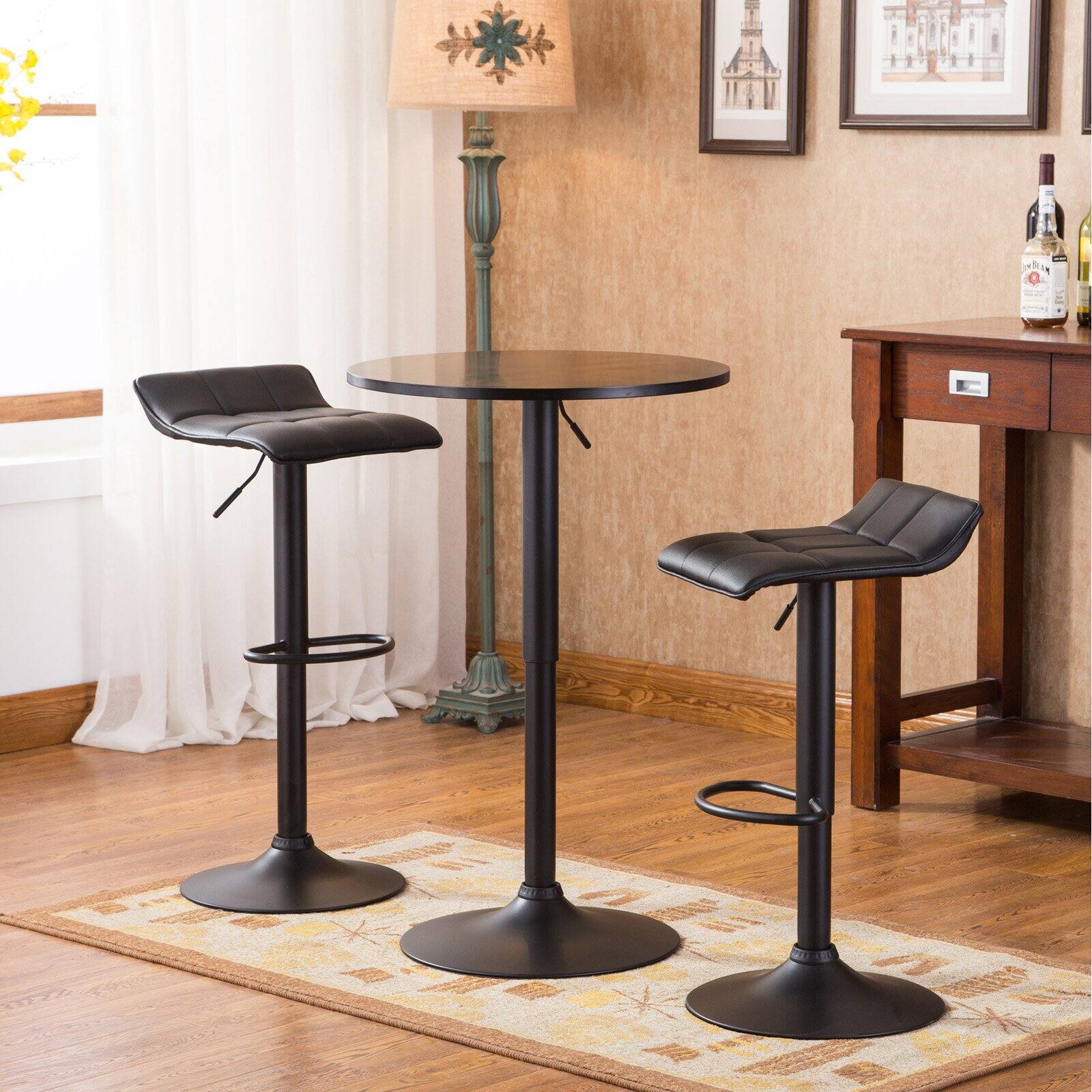 Roundhill Furniture Belham Black Round Top Adjustable Height Bar Table and 2 Swivel Black Bonded Leather Adjustable Bar Stool Bar Sets