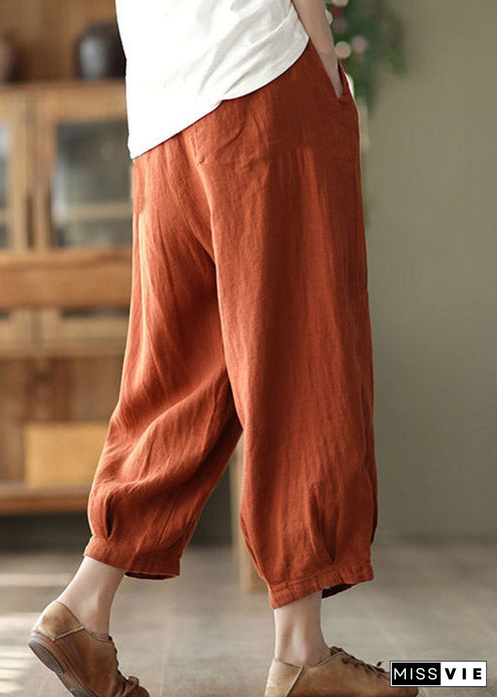 Orange Pockets Tie Waist Linen Harem Pants Summer