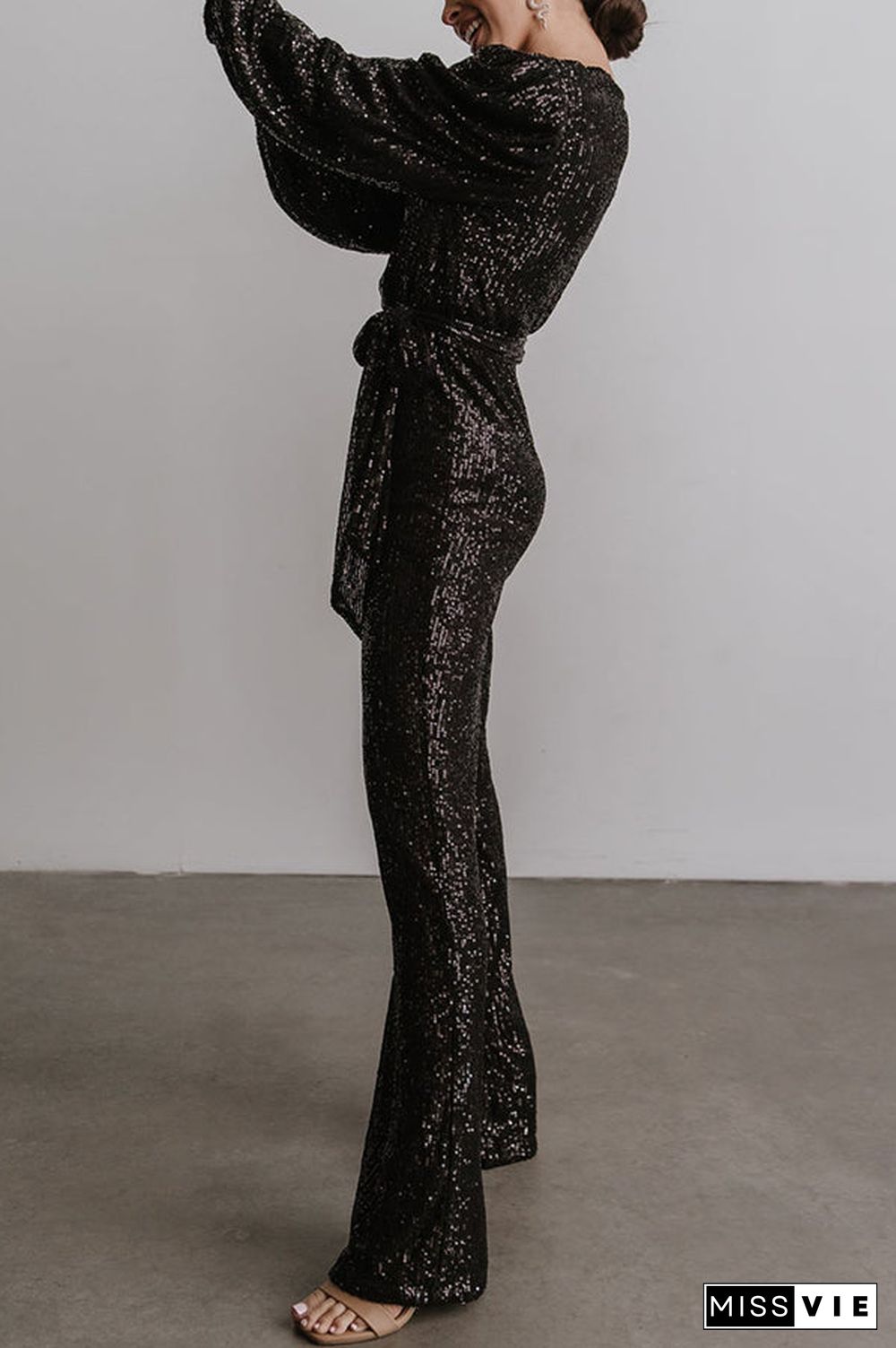 Sequin Draped Belted Puff Sleeve Wide Leg Jumpsuit