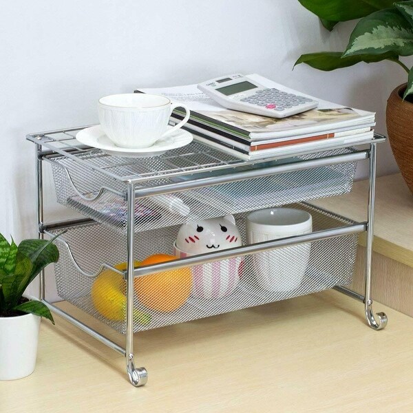 2 Tier Stackable Sliding Double Basket Cabinet Organizers， Silver