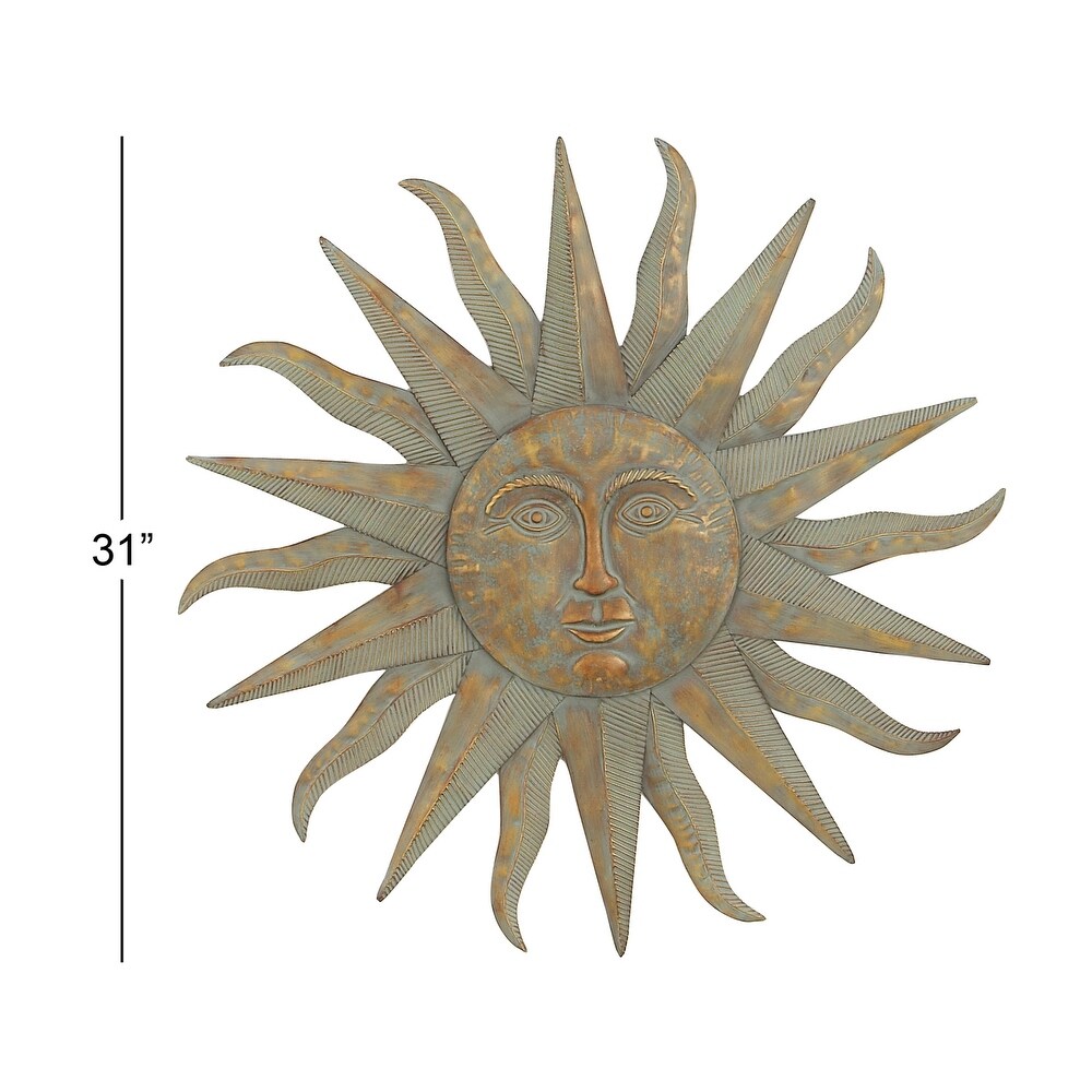 Gold Metal Indoor Outdoor Distressed Sunburst Wall Decor with Copper Like Accents and Grooves   35 x 1 x 35Round