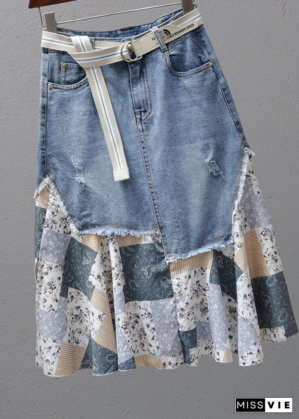 Fashion Denim Blue Print Patchwork High Waist Maxi Skirt Summer