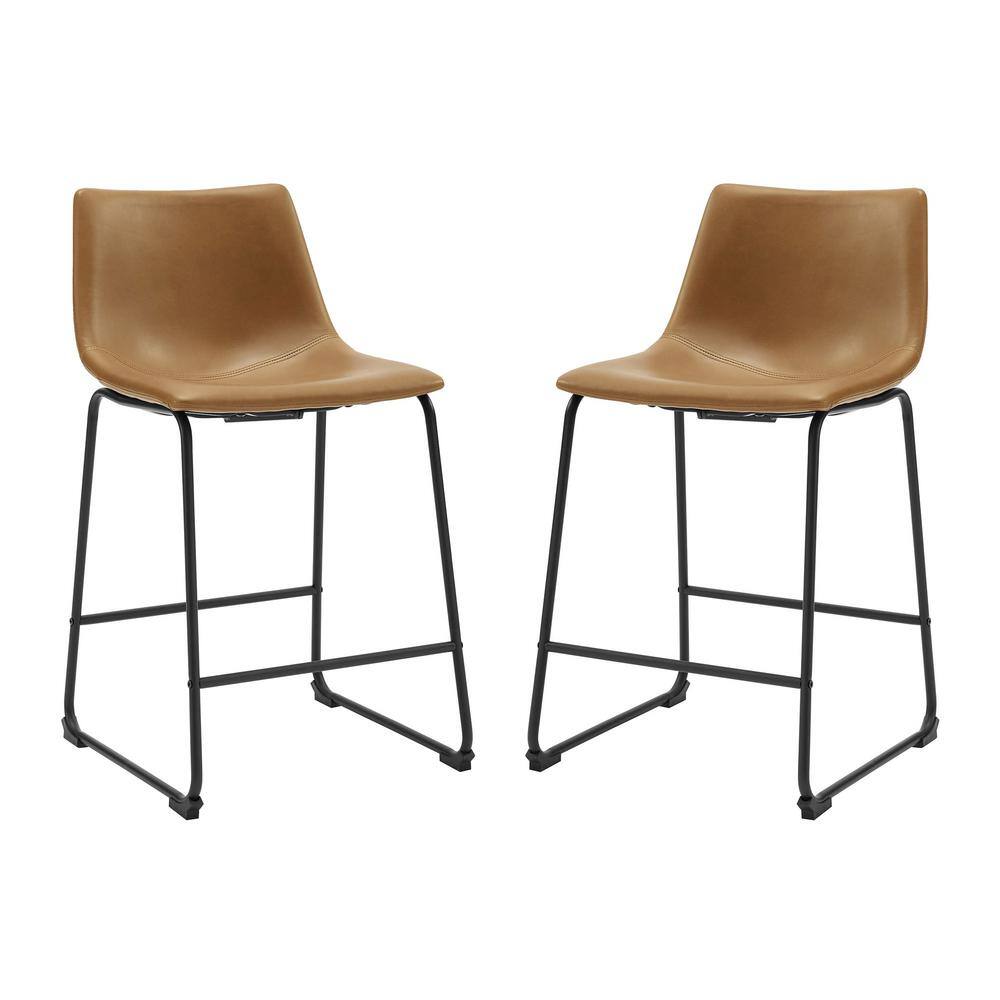 Walker Edison Furniture Company Wasatch 24 in. Whiskey Brown Low Back Metal Frame Counter Height Bar Stool with Faux Leather Seat (Set of 2) HDHL26WB