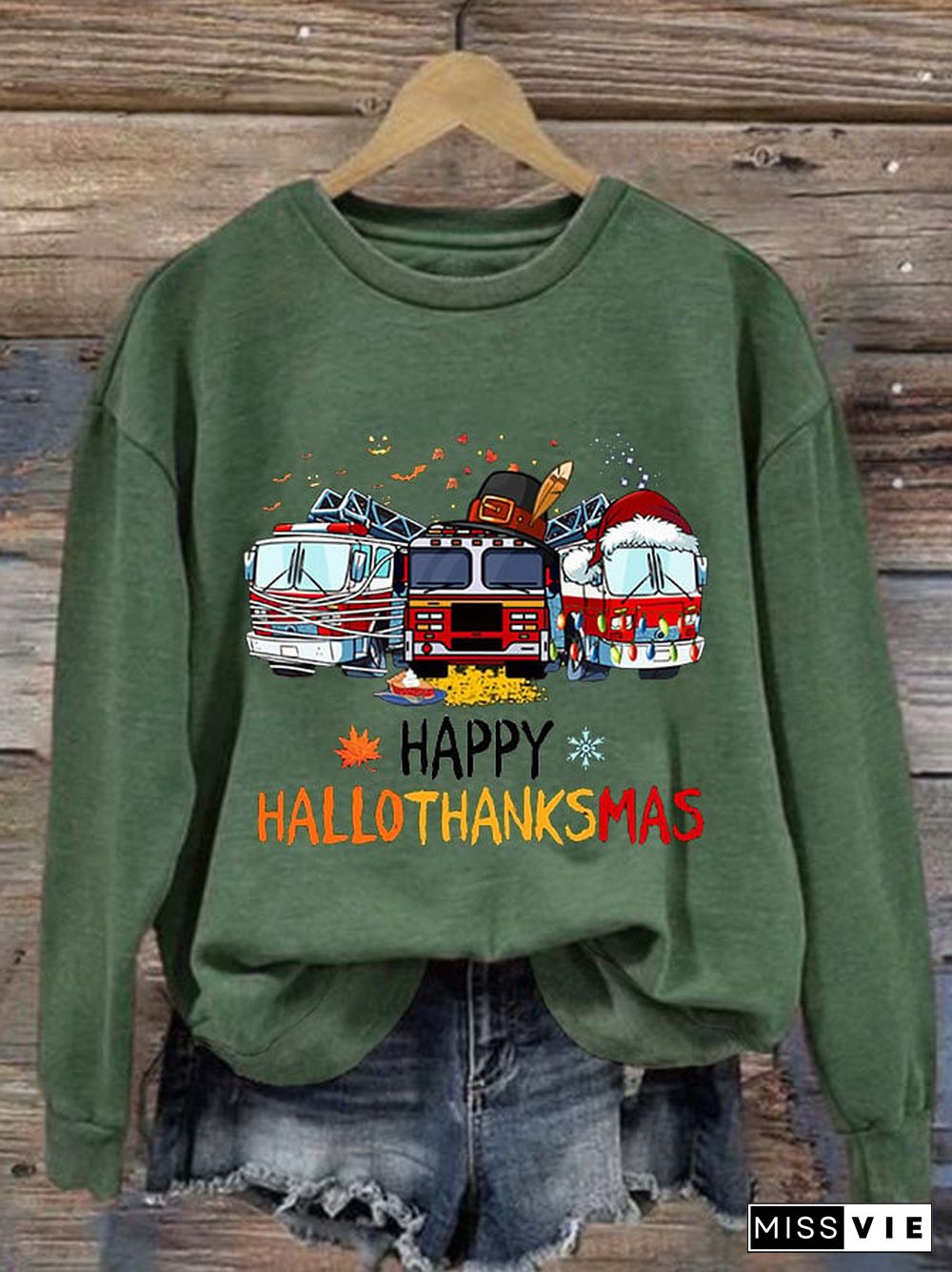 Women's Casual Happy Hallothankmas Firefighter Print Long Sleeve Sweatshirt