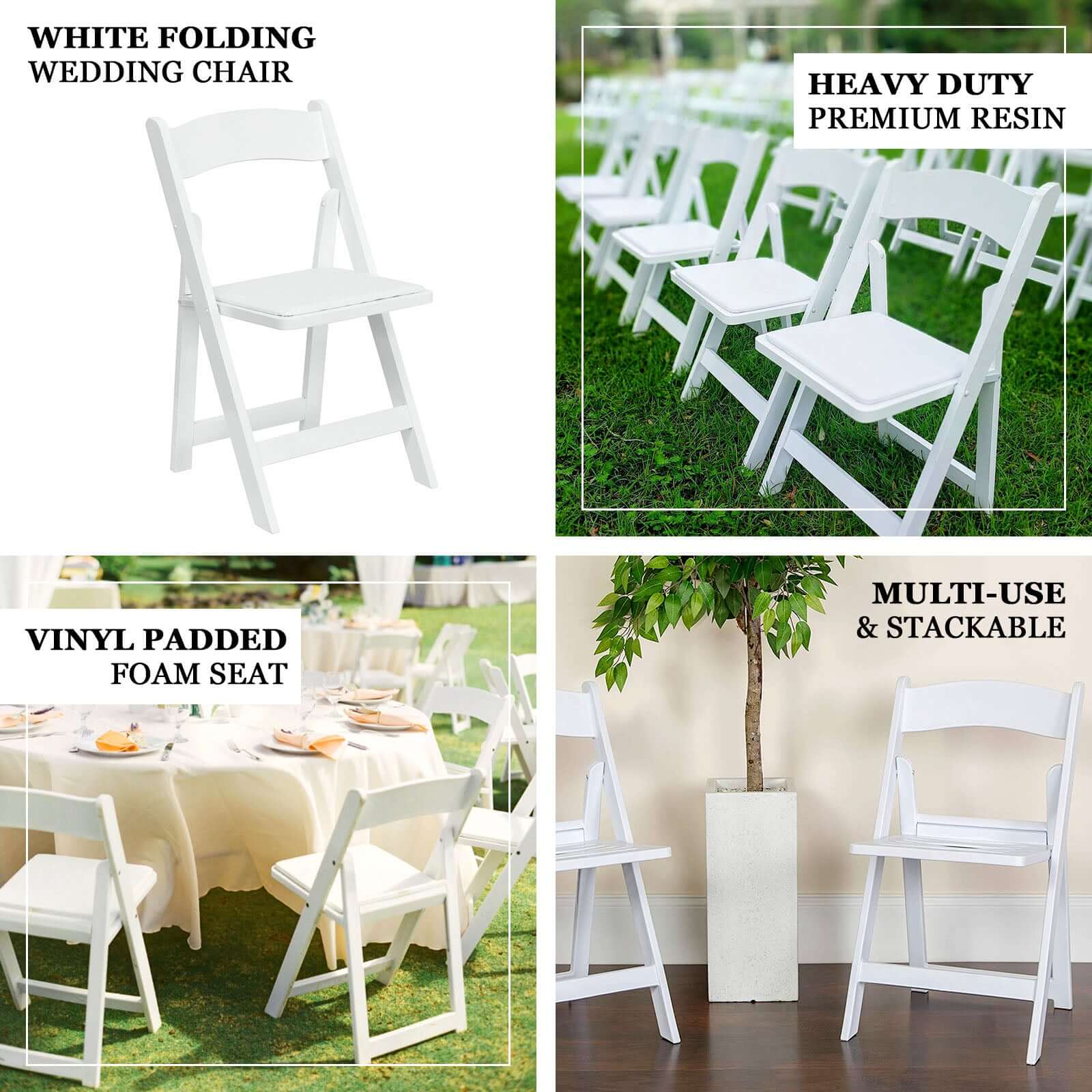 White Resin Folding Chair With Vinyl Padded Seat For Weddings, Indoor or Outdoor Events