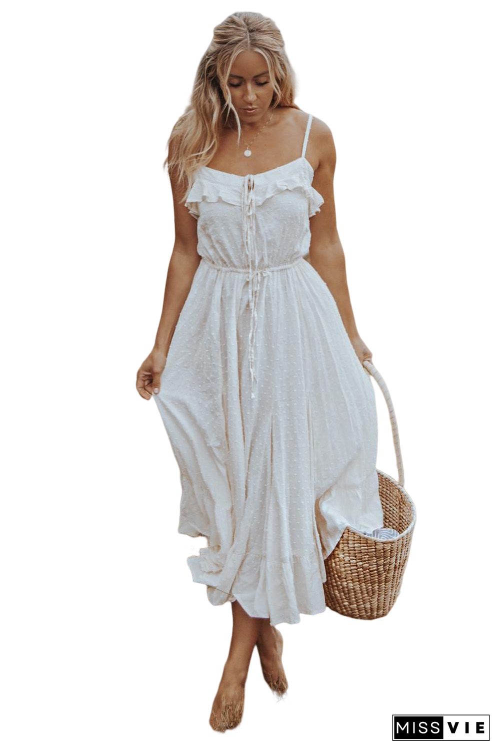 White Swiss Dot Spaghetti Straps Ruffled Maxi Dress