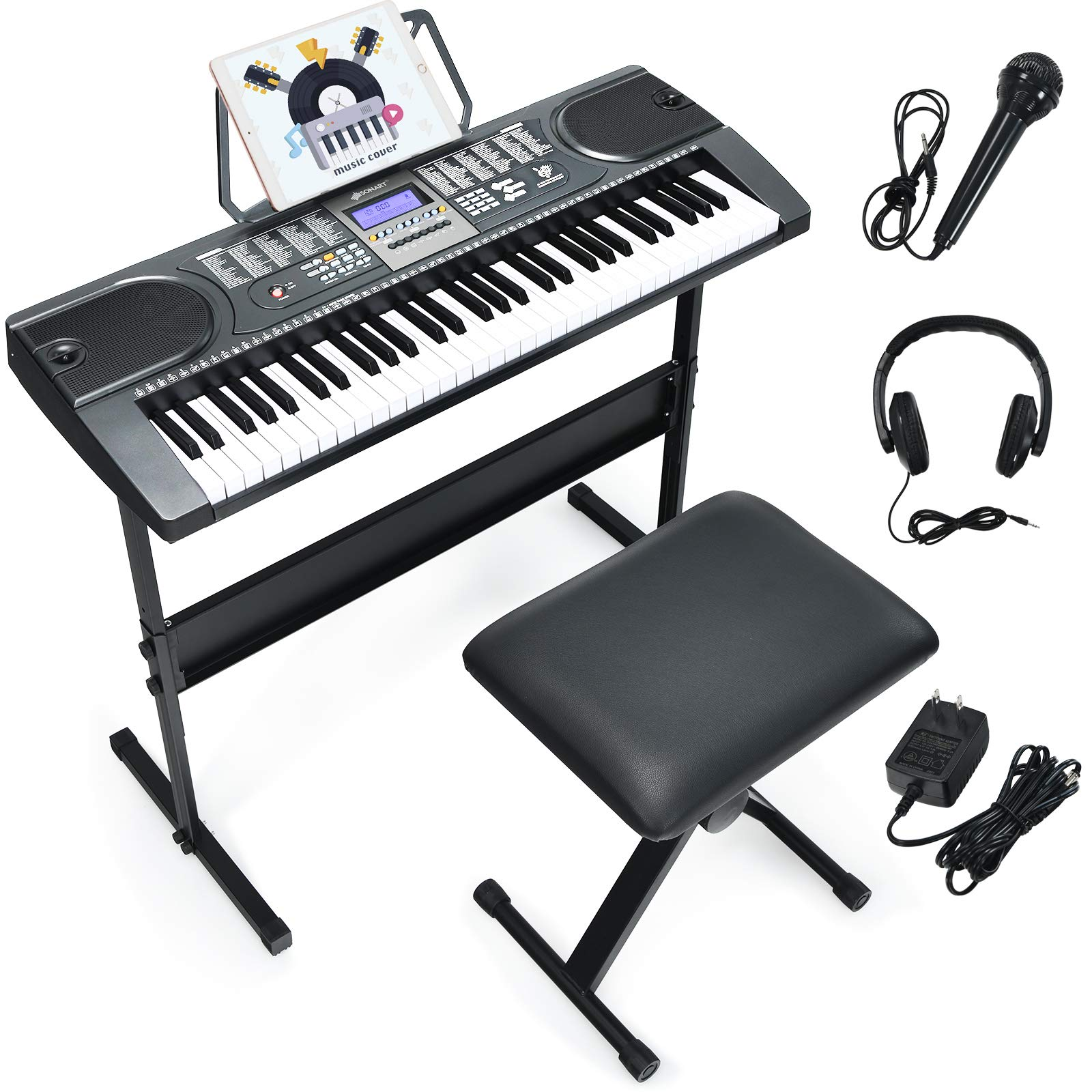 Costzon 61 Key Keyboard Piano with LCD Screen, Portable Digital Piano w/Microphone Headphone, Adjustable Stand (Black)