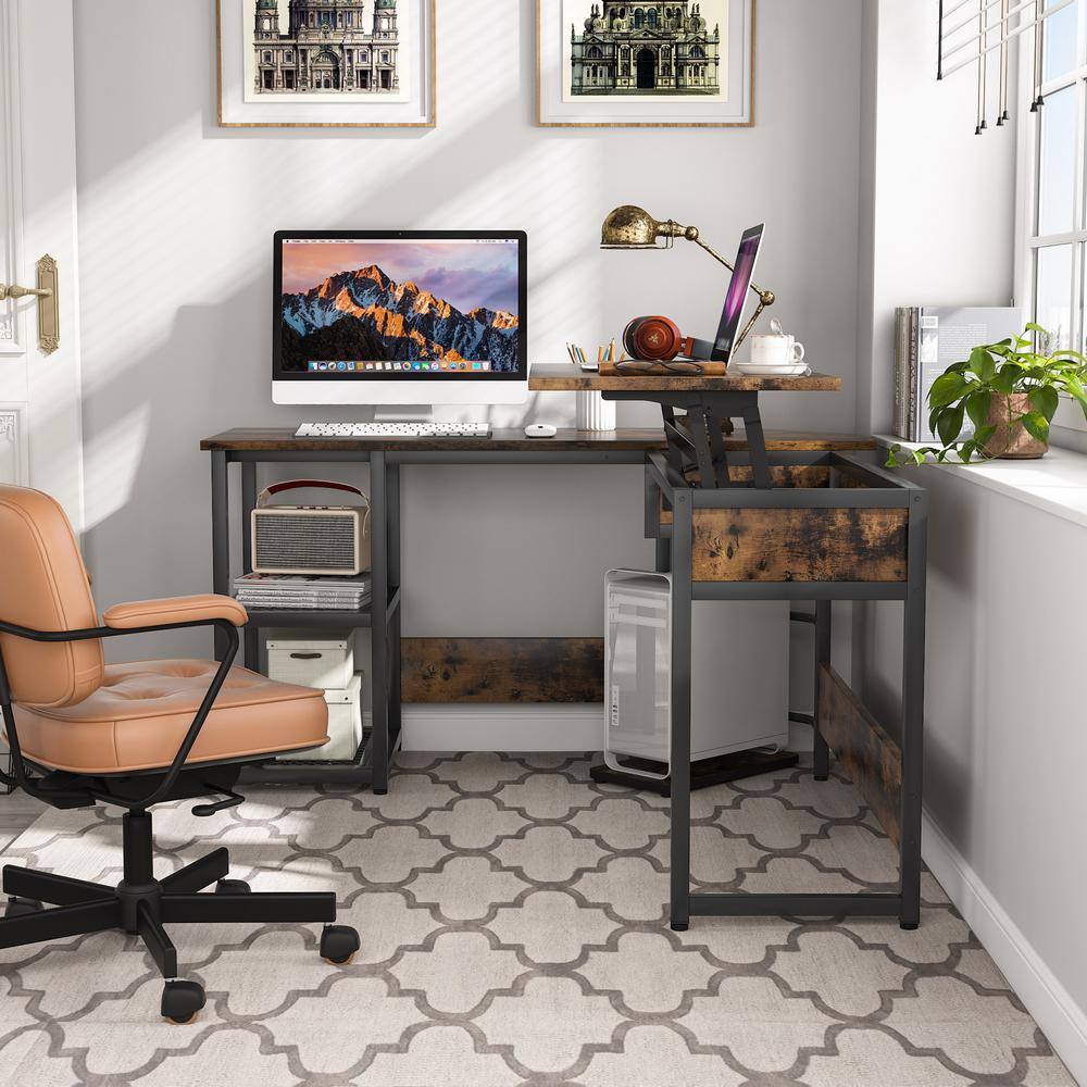 Tribesigns Lantz 59 in. L Shaped Rustic Brown Wood and Metal Computer Standing Desk with Lift Top and Storage Shelves TJHD-QP-1273