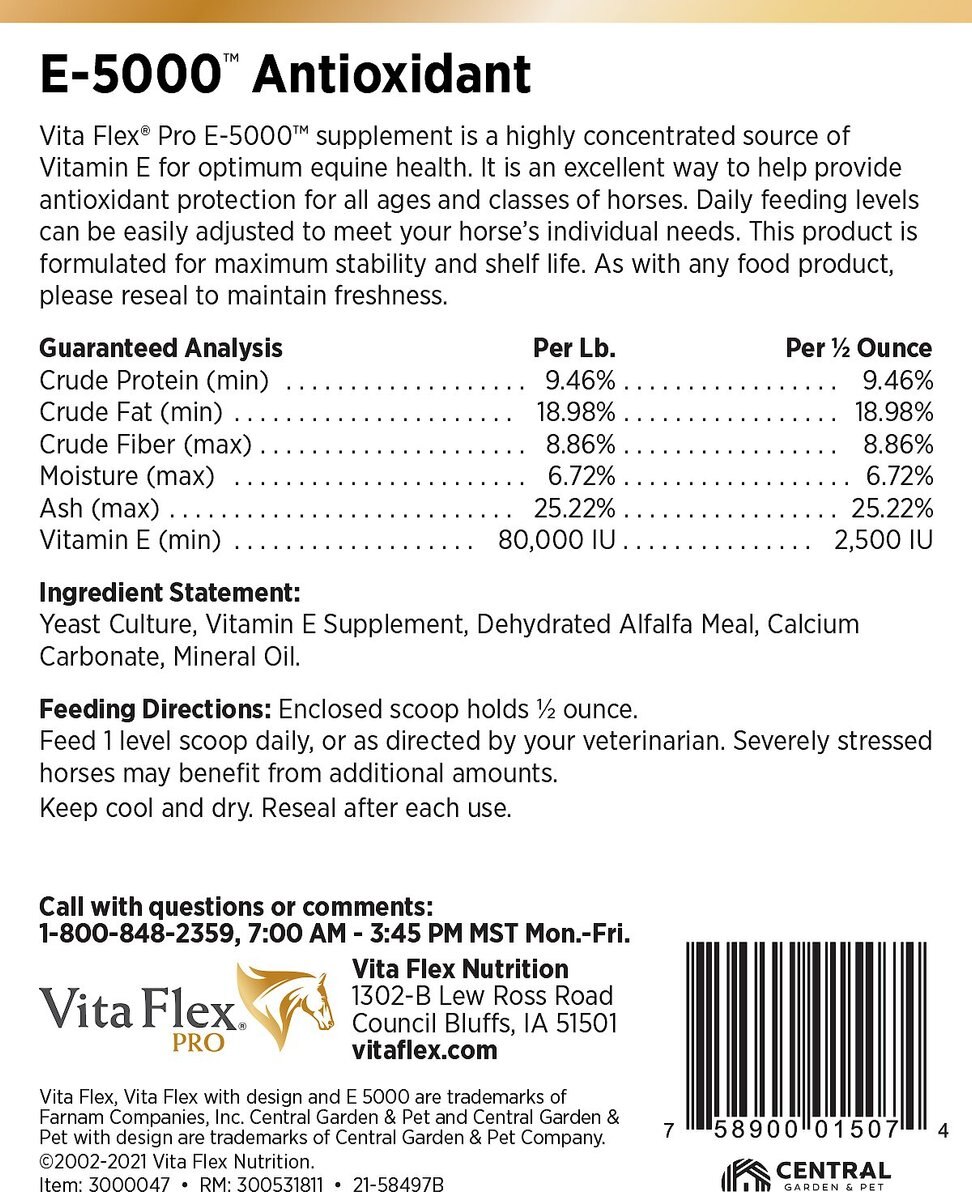 Vita Flex Pro E-5000 Premium Quality Vitamin E Immune Support Granules Horse Supplement， 4-lb bucket