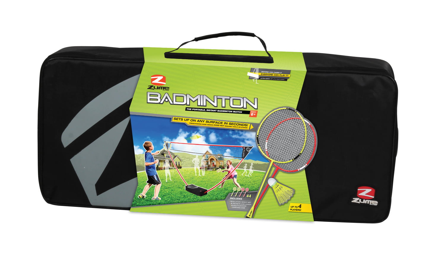 Zume Games Portable Badminton Set with Freestanding Base Sets Up on Any Surface in Seconds. No Tools or Stakes Required