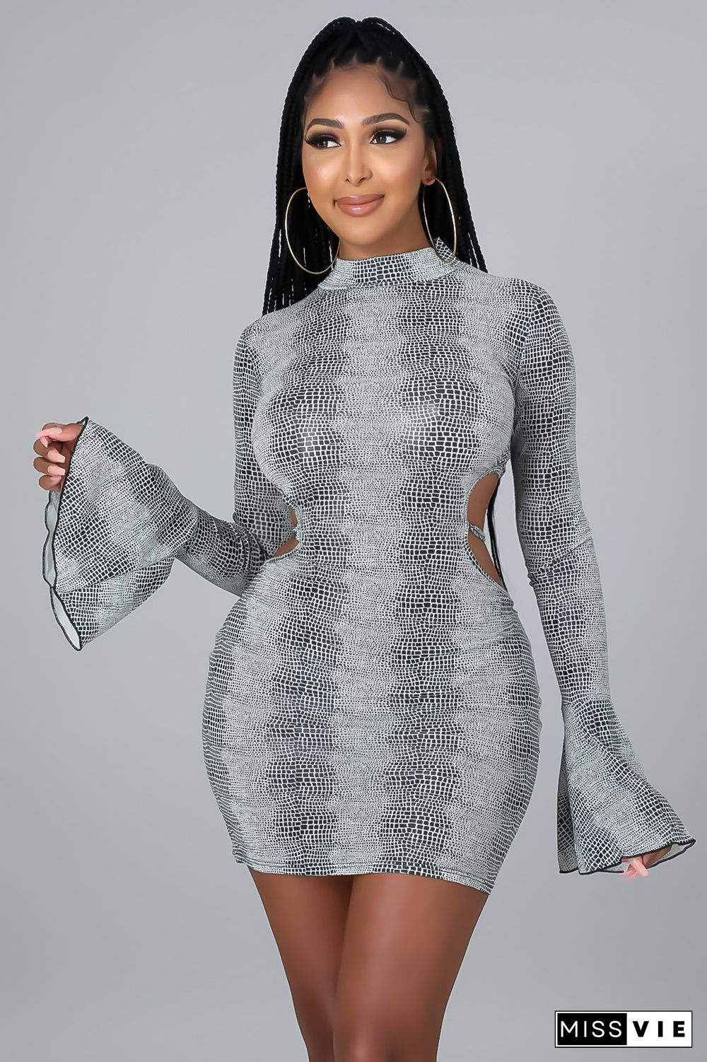 Snake Print Backless Bandage Flare Sleeve Dress