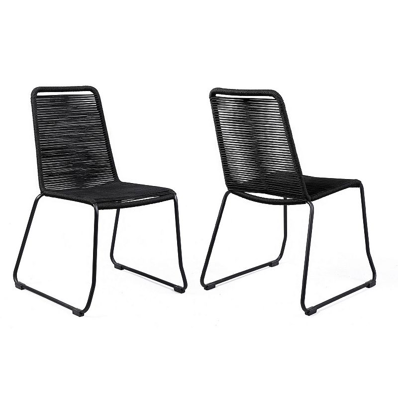 Metal Outdoor Dining Chair with Fishbone Weave， Set of 2， Black