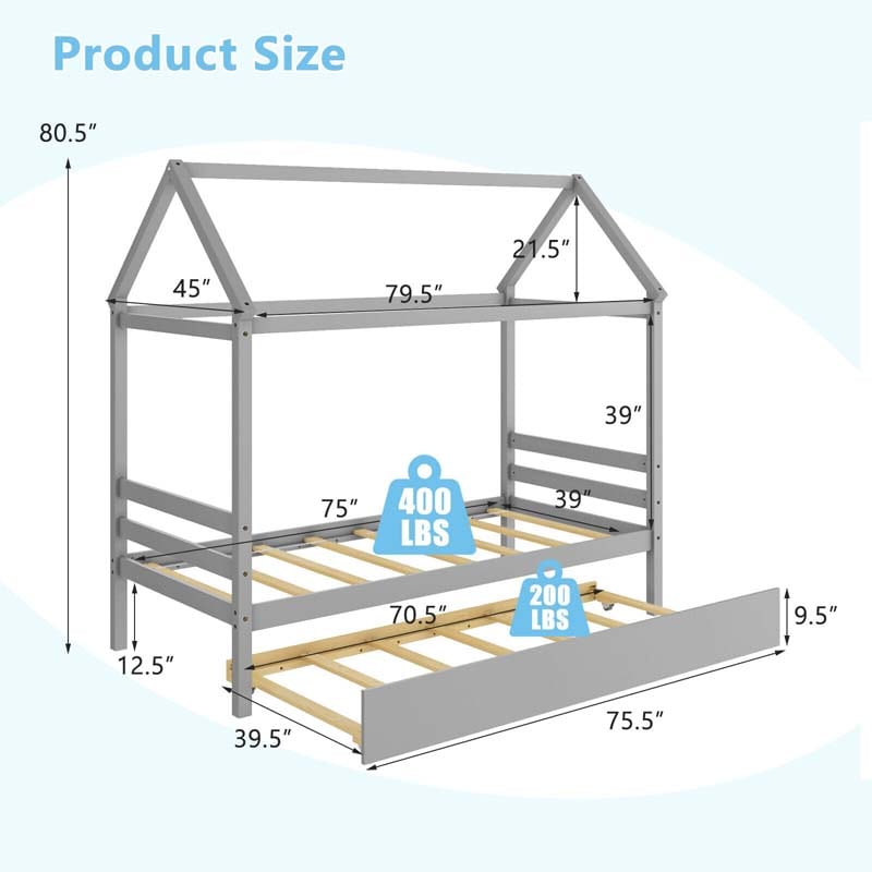 Twin Size House Bed with Trundle, Roof Wooden Platform Bed Frame, Playhouse Twin Bed for Kids Toddlers