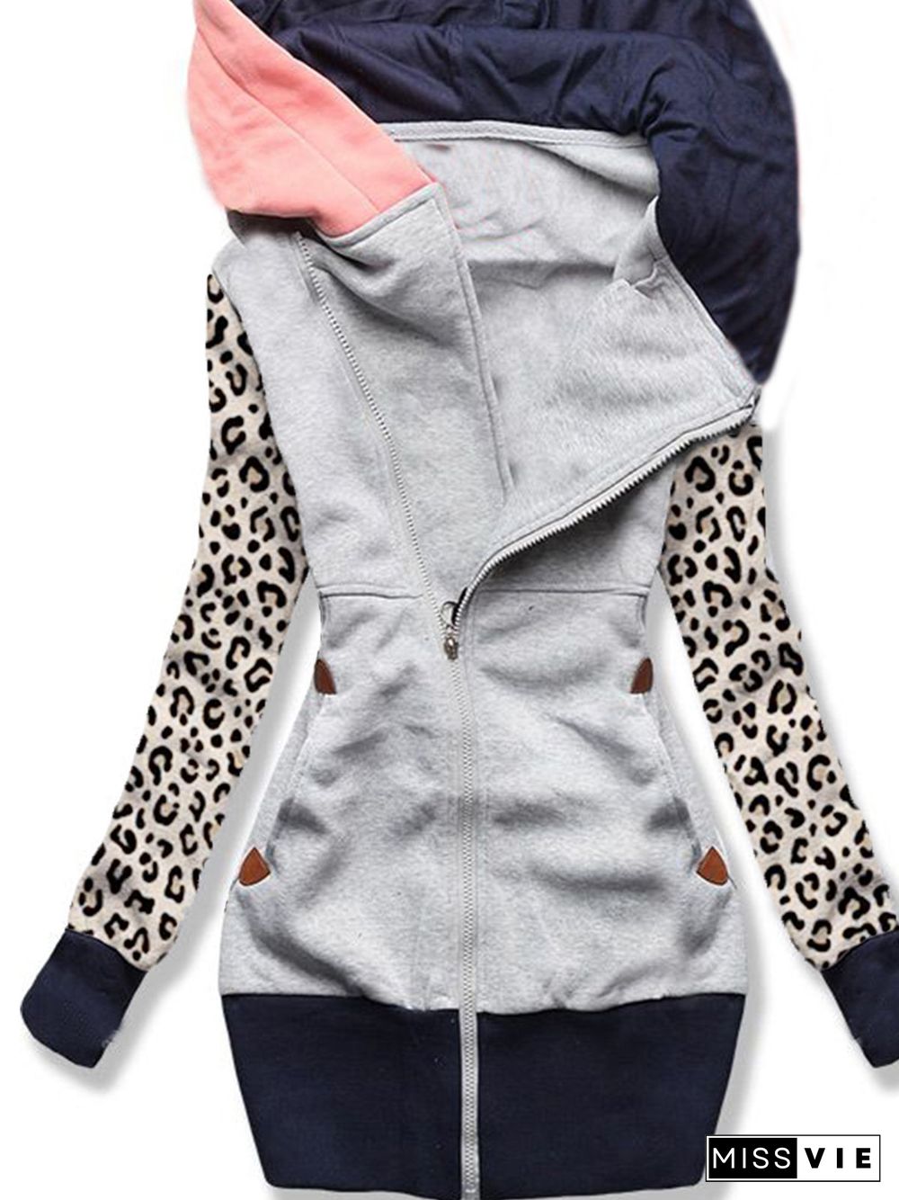 Women Casual All Season Color Block Cotton-Blend Zipper Sports Casual Long sleeve Hooded Jacket