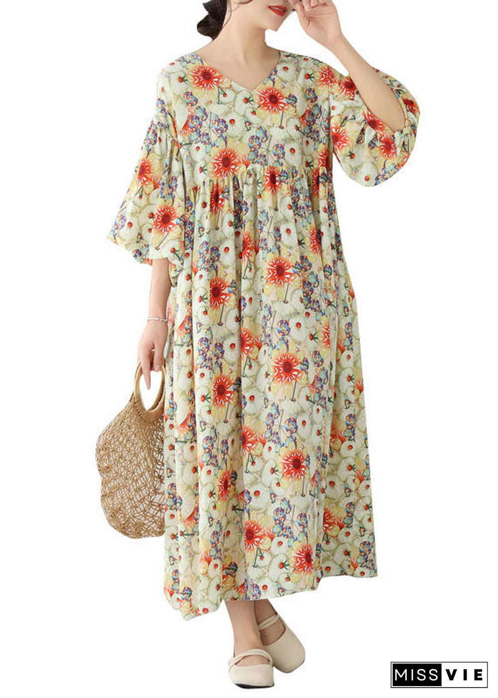 Fine Floral V Neck Wrinkled Patchwork Cotton Long Dresses Summer