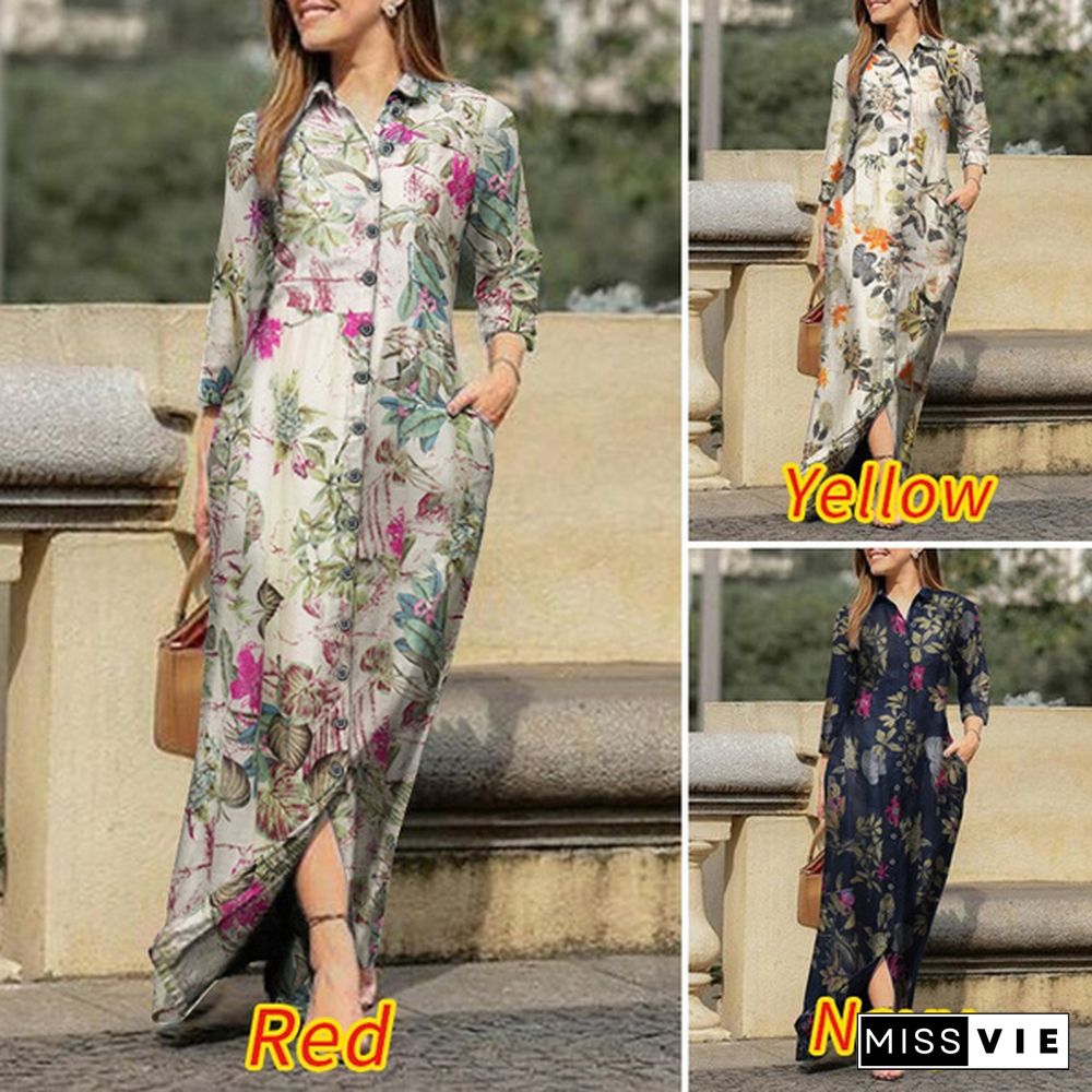 Women Holiday Casual Lapel Collar Long Sleeve Robes Longue Floral Print Cotton Dresses Button Up Shirts Long Maxi Vestido Plus Size