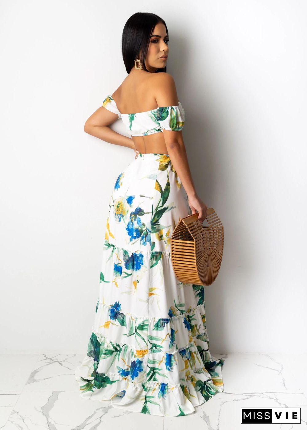 Off Shoulder Floral Print+High Slit Maxi Skirt Set