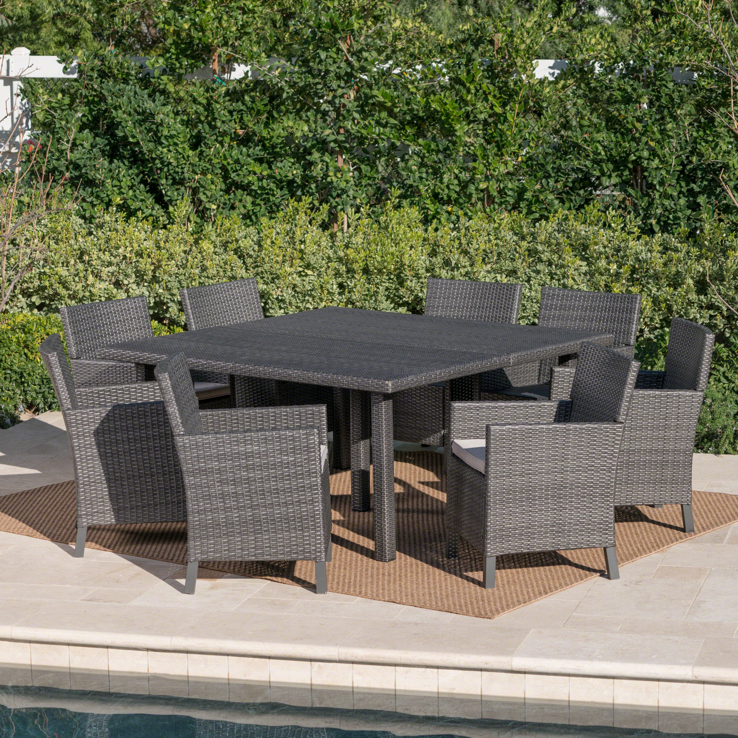 Winford Outdoor 9 Piece Wicker Dining Set with Water Resistant Cushions