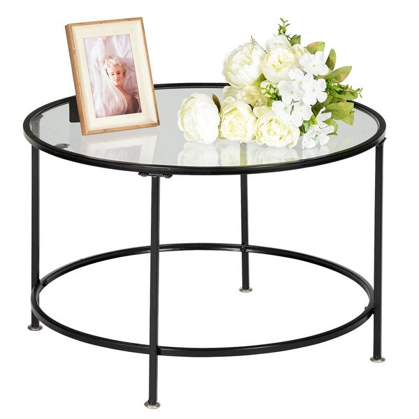 2 Layers Tempered Glass Countertops Round Iron Coffee Table Black