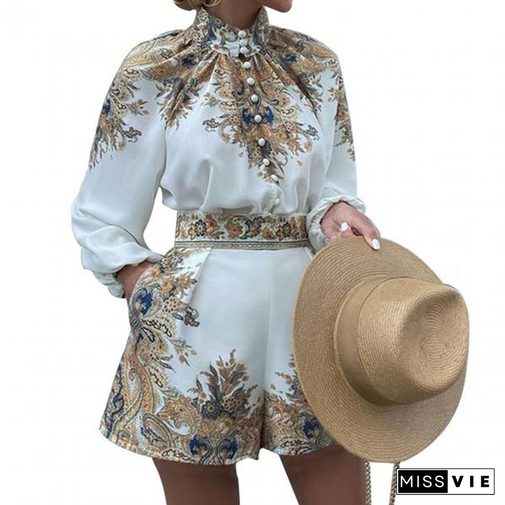 1 Set Blouse Shorts Set Temperament Long Sleeve Two-Piece Outfit