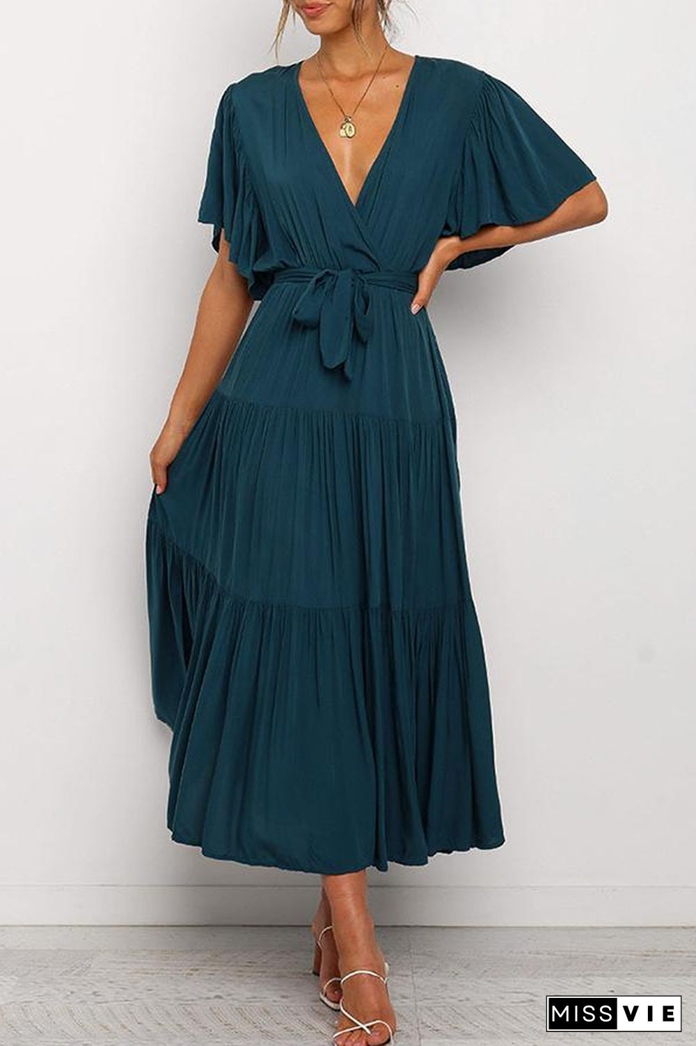 Ruffled Sleeve V-neck Tie Waist Maxi Dress P14492