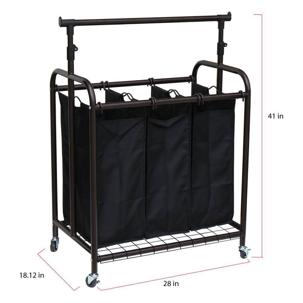 Oceanstar 3-Bag Bronze Rolling Laundry Sorter with Hanging Bar TLS1385