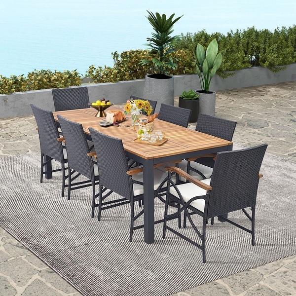 Costway 9 PCS Patio Rattan Dining Set with Acacia Wood Table，