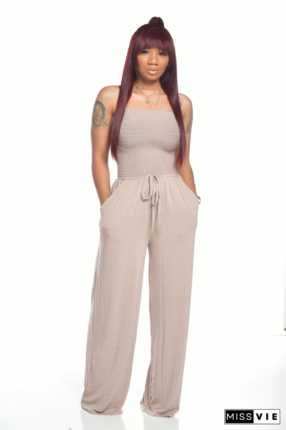 Strapless Elastic Bust High Waist Wide Leg Jumpsuit