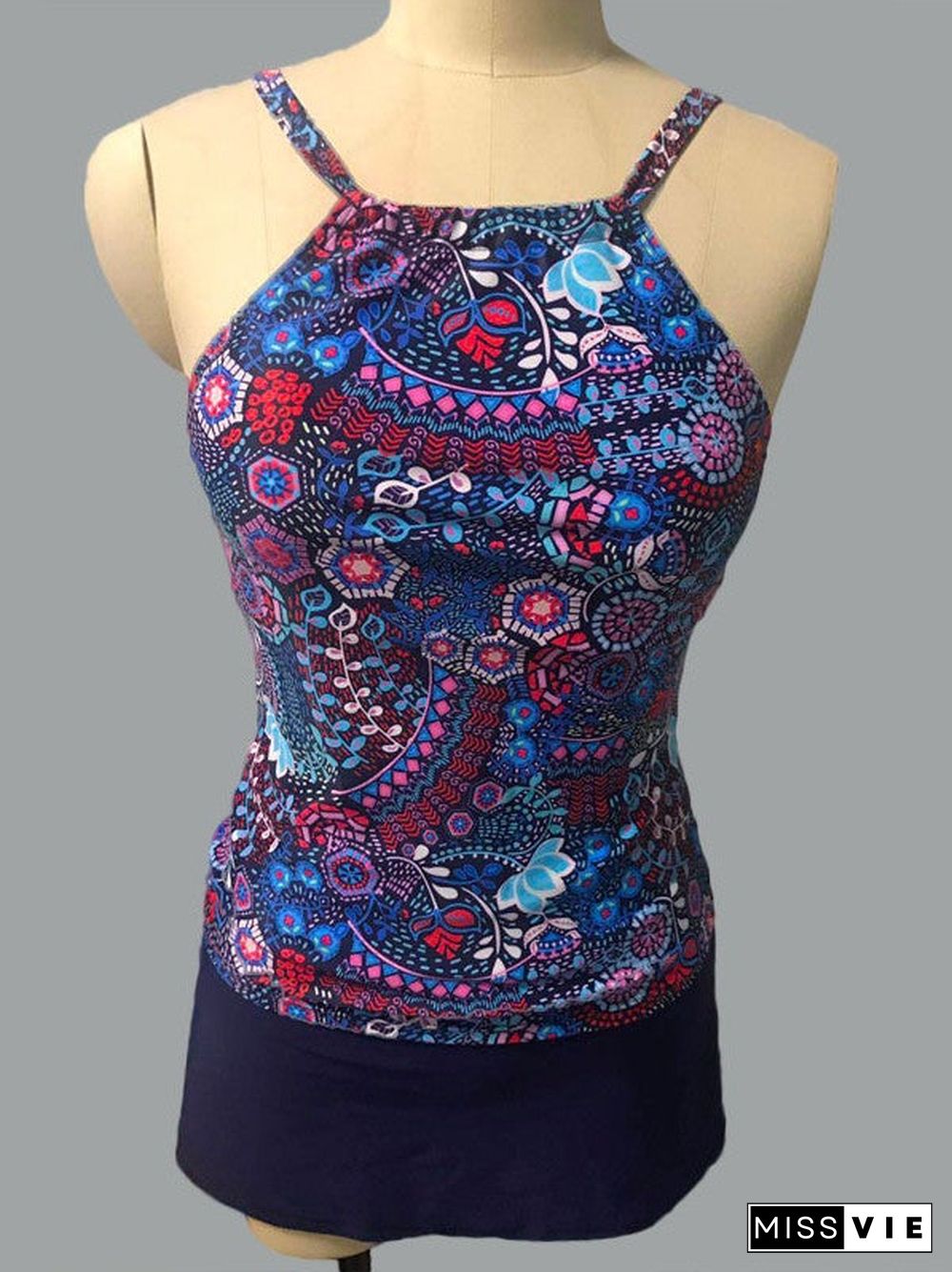 Plus Size Swimwear Sleeveless Bright Floral Printed Lace-up Tankini