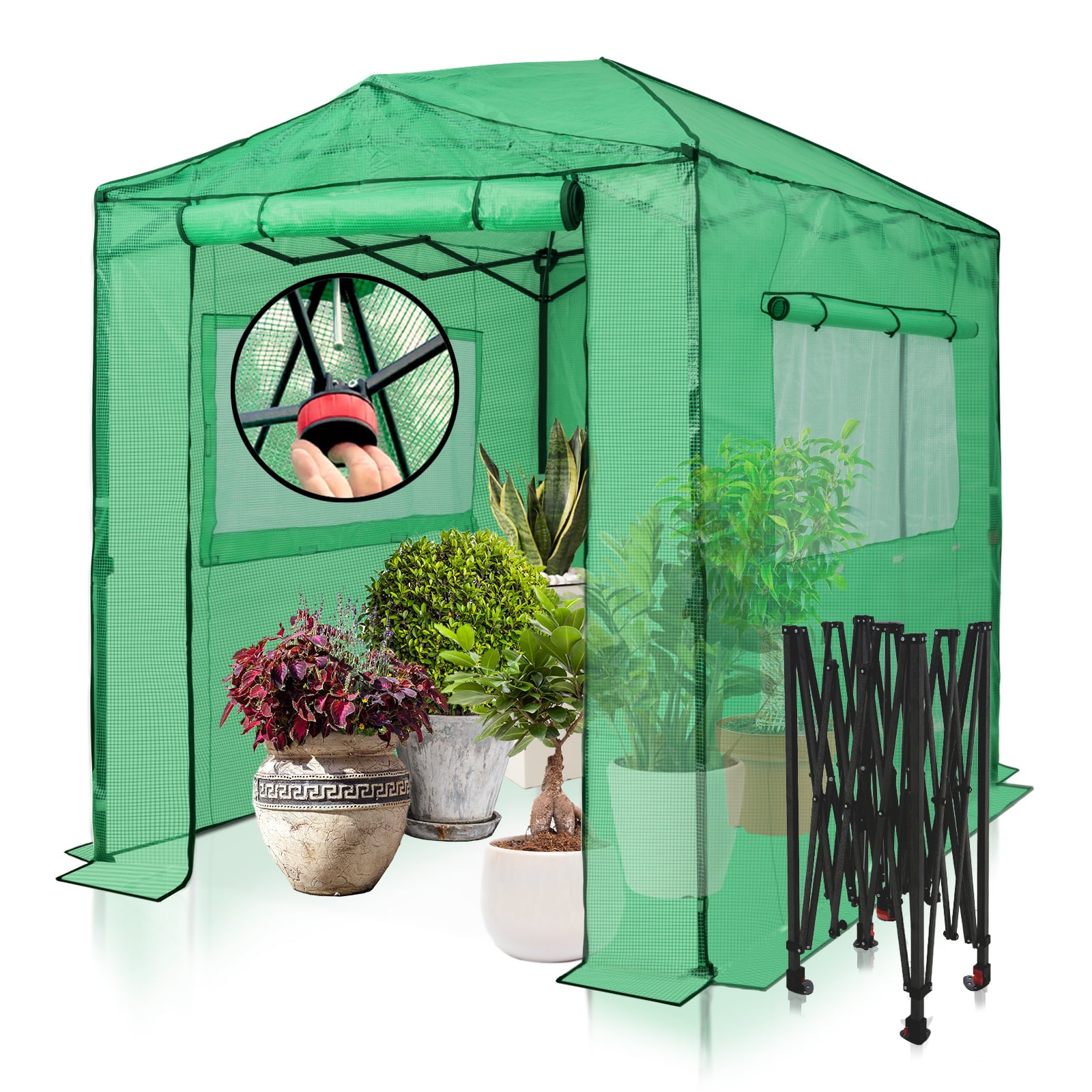 EAGLE PEAK 8'x6' Portable Walk-in Greenhouse Instant Pop-up Fast Setup Indoor Outdoor Plant Gardening Greenhouse Canopy, Front and Rear Roll-Up Zipper Entry Doors and 2 Large Roll-Up Side Windows