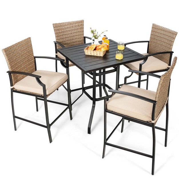 Tangkula 5pcs Patio Rattan Bar Set Wood Heavy duty Steel Frame Bistro Set With 4 Bar Stools For Poolside amp garden