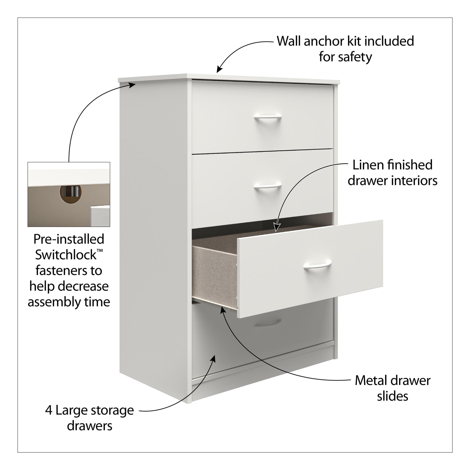 Mainstays Classic 4 Drawer Dresser, White