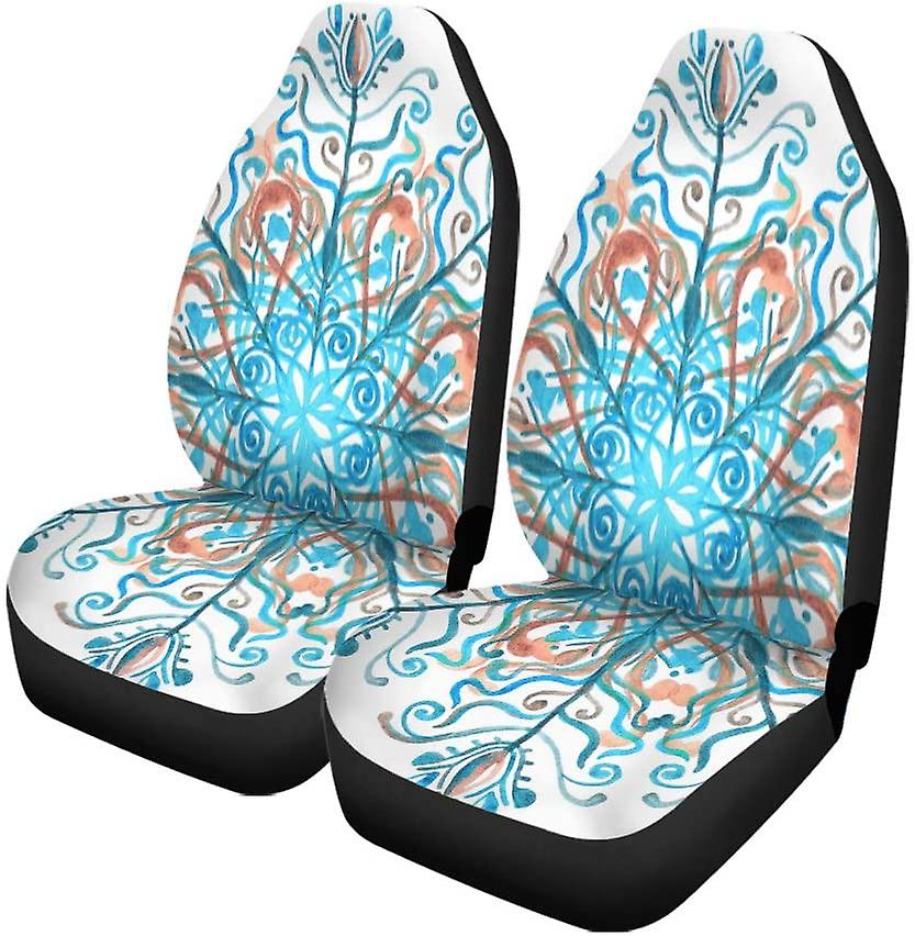 Set Of 2 Car Seat Covers Blue Abstract Snowflake Turquoise And Brown Watercolor On Sprigs Universal Auto Front Seats Protector Fits