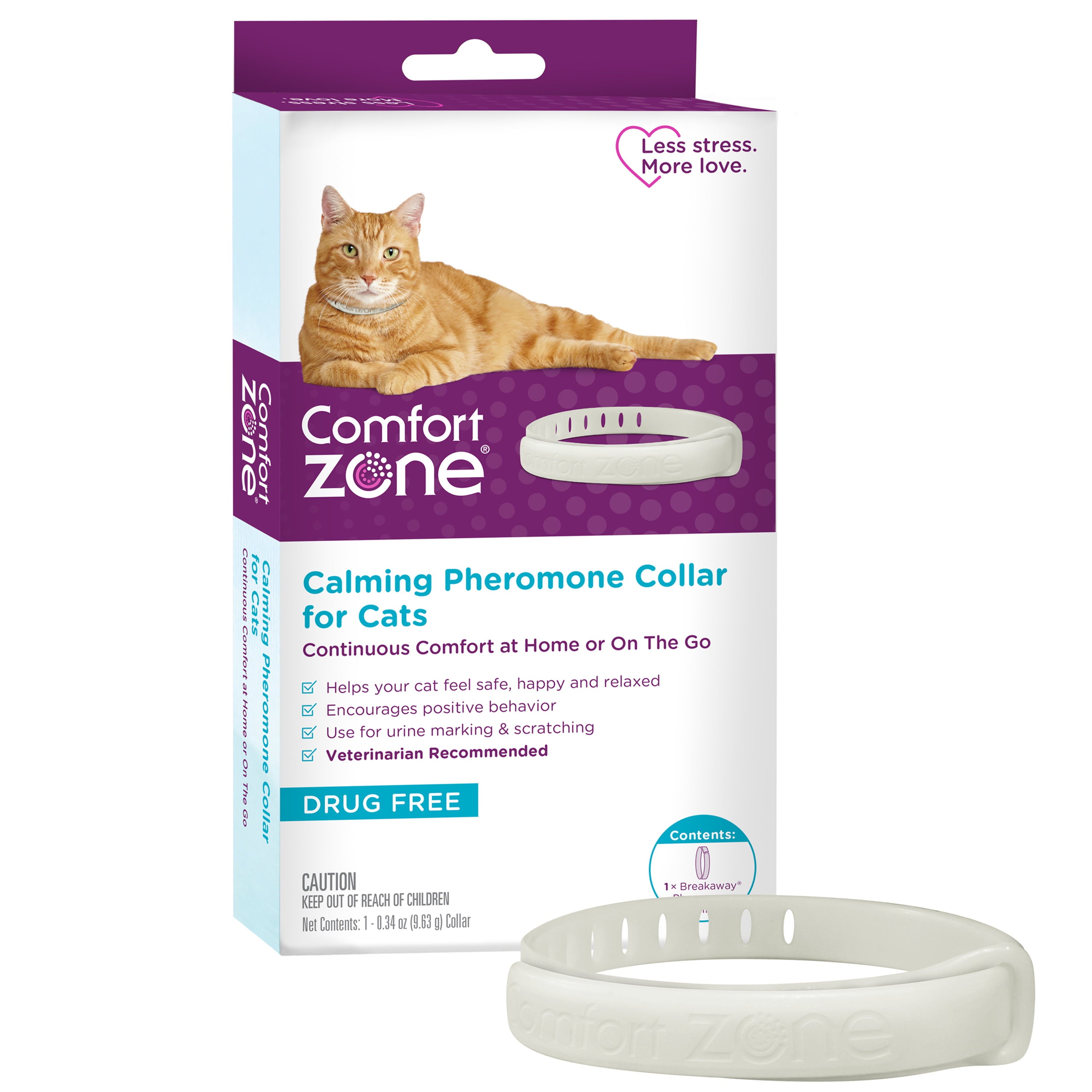 Comfort Zone Cat Calming Pheromone Collar， Anxiety and Stress Relief， Breakaway Design， 1pk