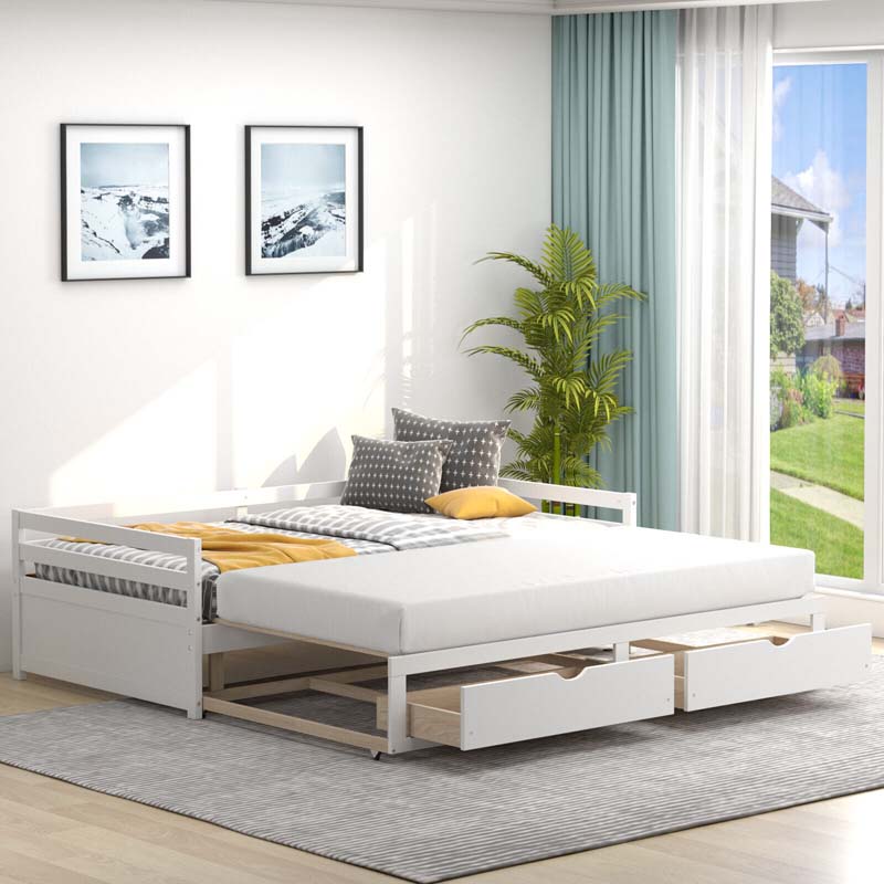 Extendable Twin to King Daybed with Trundle & 2 Storage Drawers, Dual-use Modern Sofa Bed with Roll Out Bed Frame