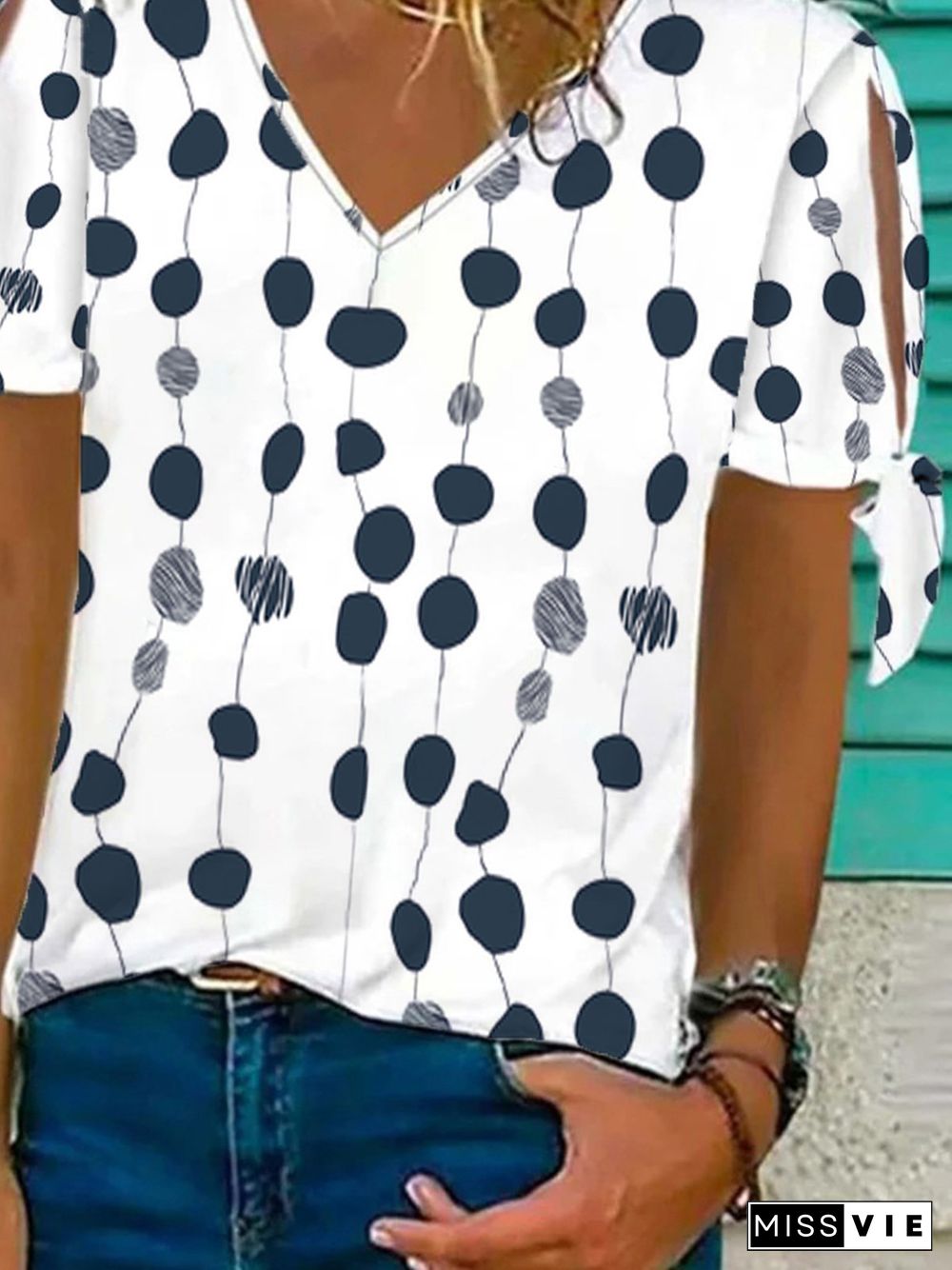 Casual Polka Dots V Neck Loosen T-Shirt