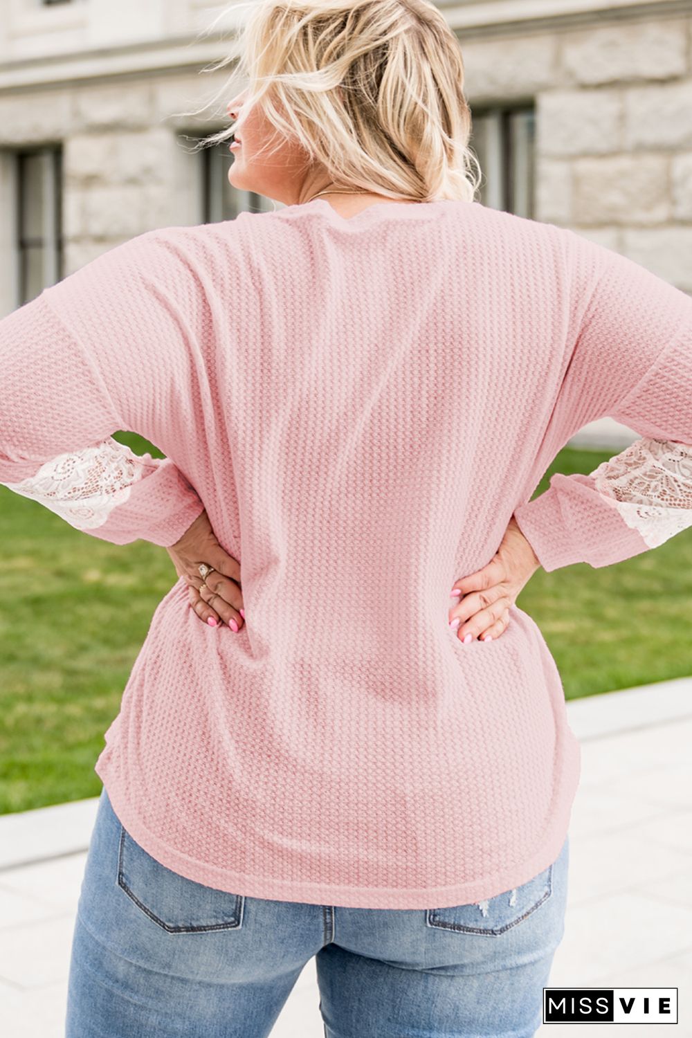 Pink Lace Patchwork Waffle Knit Plus Size Blouse