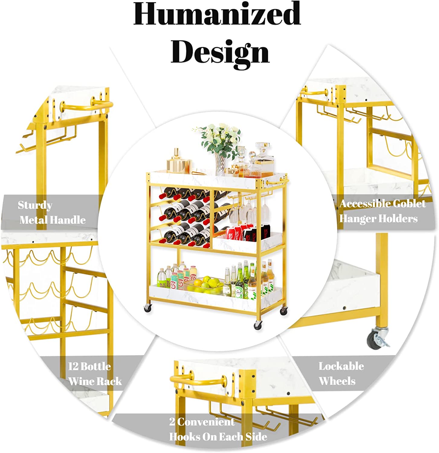 Catrimown Bar Cart Gold， Bar Carts for The Home with 12 Bottle Wine Rack and Wine Glasses Holder， Home Bar Serving Carts with Gold Handle for Kitchen Dining Room