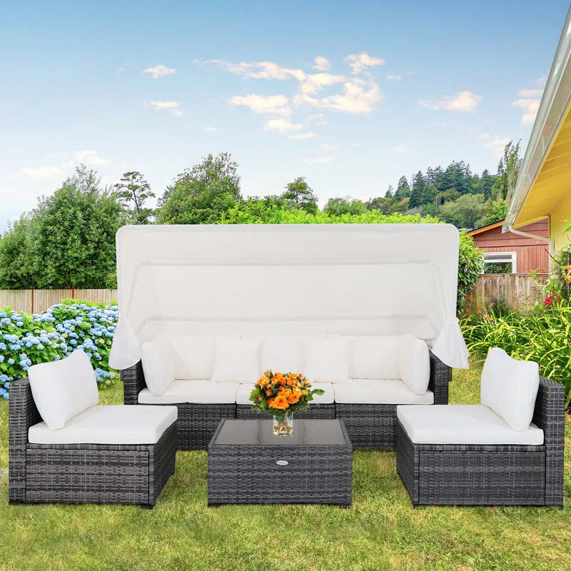 6 Pcs Rattan Patio Sectional Furniture Set Outdoor Safa Couch Set with Retractable Canopy & Cushions