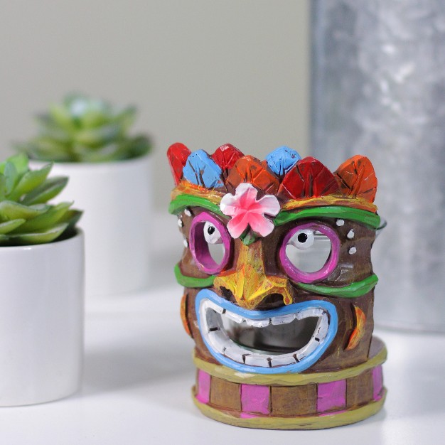 Smiling Tiki Mask With Colorful Leaves Candle Holder