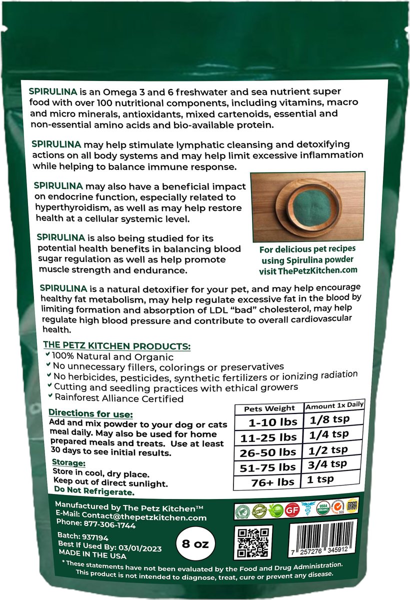 The Petz Kitchen Spirulina Omega 3 and 6 Lymphatic， Weight and Probiotic Immune Support Dog and Cat Supplement