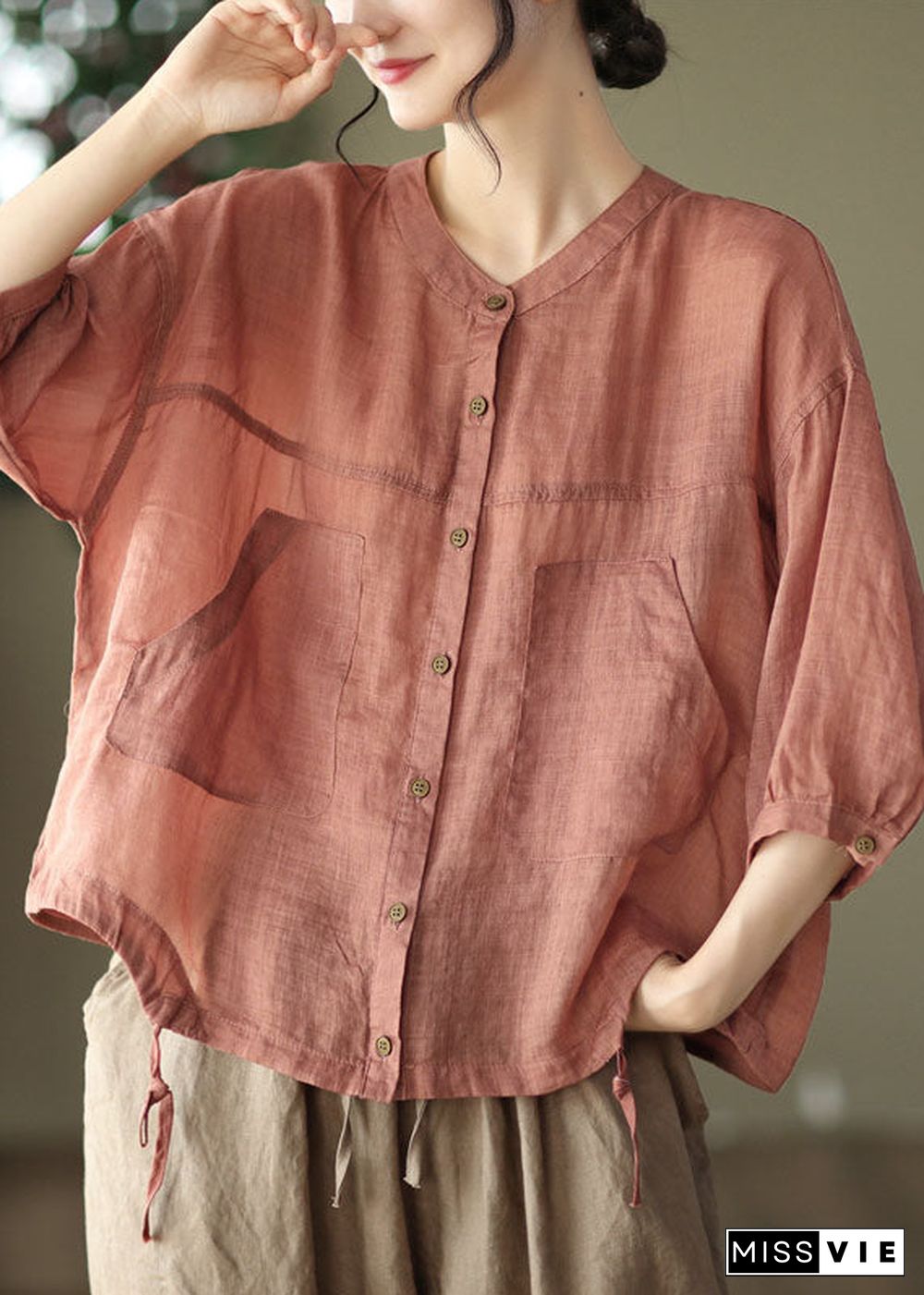 Rubber Red Patchwork Linen Blouse Tops O Neck Bracelet Sleeve