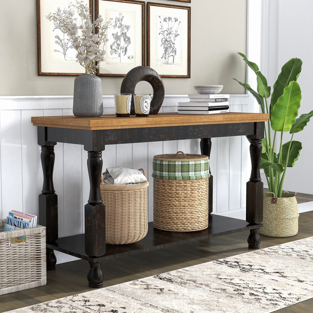 Harrington Farmhouse Antique Black and Oak 47 inch Pine 1 Shelf Sofa Table by Furniture of America