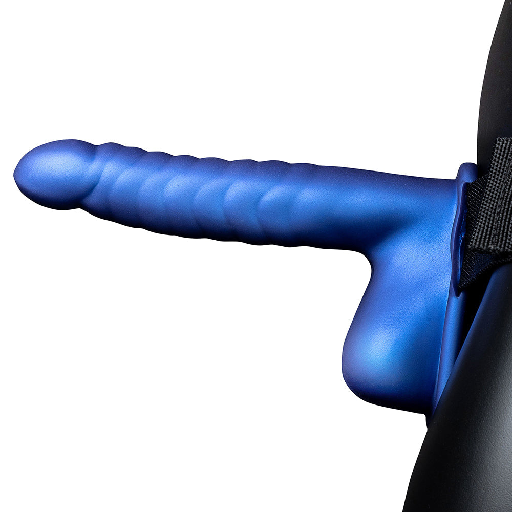 Ouch! Ribbed 8 Inch Hollow Ballsy Strap-On in Metallic Blue