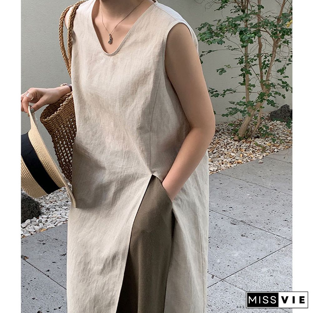 Simple Sleeveless Linen Long Shirt