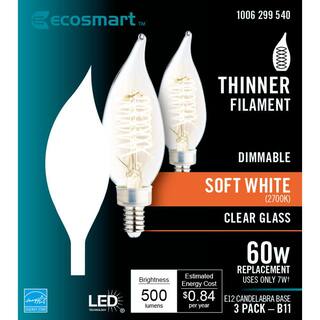 EcoSmart 60-Watt Equivalent BA11 Dimmable E12 Candelabra Fine Bendy Filament LED Vintage Edison Light Bulb Soft White (3-Pack) BA11C7E12827S